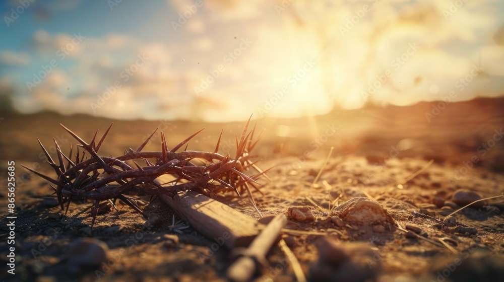 Fototapeta premium The cross, crown of thorns, red sunset symbolizing the sacrifice and suffering of Jesus Christ. Easter concept background depicting the cross, a desert landscape.