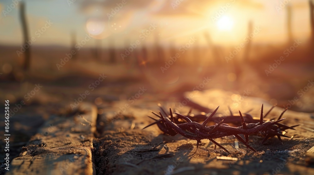 The cross, crown of thorns, red sunset symbolizing the sacrifice and suffering of Jesus Christ. Easter concept background depicting the cross, a desert landscape. The cross, crown of thorns, red sunset symbolizing the sacrifice and suffering of Jesus Christ. Easter concept background depicting the cross, a desert landscape.