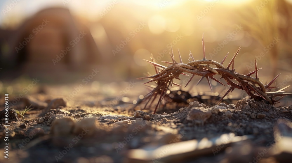 The cross, crown of thorns, red sunset symbolizing the sacrifice and suffering of Jesus Christ. Easter concept background depicting the cross, a desert landscape. The cross, crown of thorns, red sunset symbolizing the sacrifice and suffering of Jesus Christ. Easter concept background depicting the cross, a desert landscape.