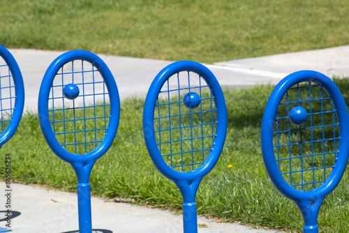 blue tennis racket bike rack