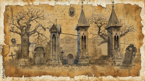 AðŸª¦ðŸª¦ðŸª¦gloomy cemetery with two large gates and a tree with gnarled branches. ðŸ’€ðŸ’€ðŸ’€The gates are made of wrought iron and have a skull ðŸ’€on top. photo
