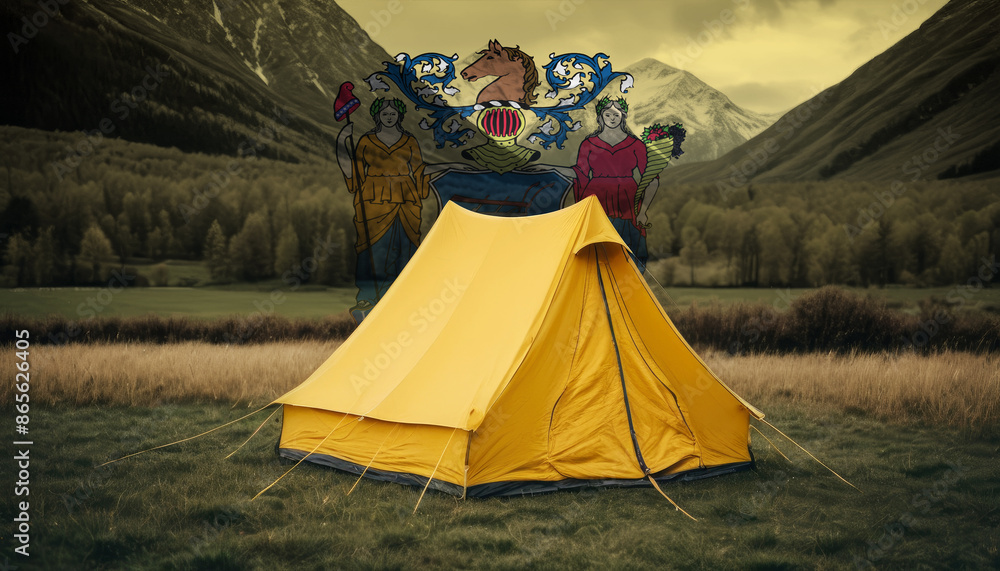 A symbol of adventure and patriotism, a tent stands tall against a backdrop of the New Jersey flag and a breathtaking mountain vista. A symbol of adventure and patriotism, a tent stands tall against a backdrop of the New Jersey flag and a breathtaking mountain vista.