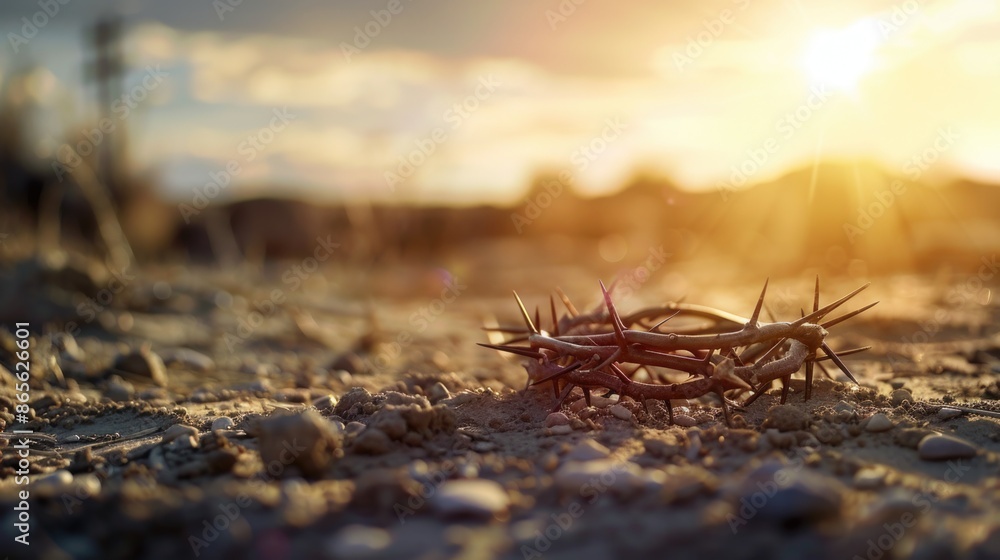 Fototapeta premium The cross, crown of thorns, red sunset symbolizing the sacrifice and suffering of Jesus Christ. Easter concept background depicting the cross, a desert landscape.