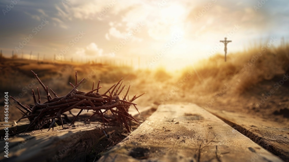 The cross, crown of thorns, red sunset symbolizing the sacrifice and suffering of Jesus Christ. Easter concept background depicting the cross, a desert landscape. The cross, crown of thorns, red sunset symbolizing the sacrifice and suffering of Jesus Christ. Easter concept background depicting the cross, a desert landscape.