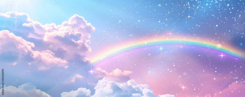 Obraz premium Rainbow in a sky filled with clouds and stars, celestial landscape. Dreamy and serene concept