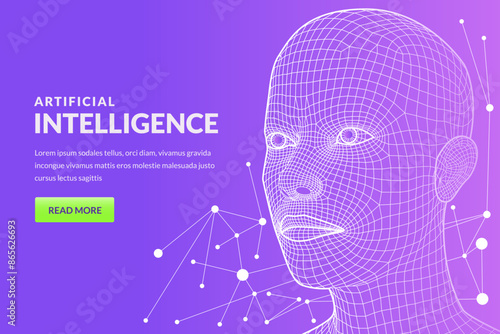 Future high technology, artificial intelligence, science, robotic engineering concept. Vector 3d wireframe human head isometric illustration. Abstract geometric grid mesh person on gradient background