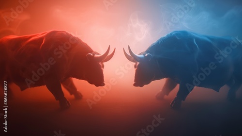 Dramatic image of two bulls facing each other, symbolizing competition, power, and conflict in a misty blue and red atmosphere. photo