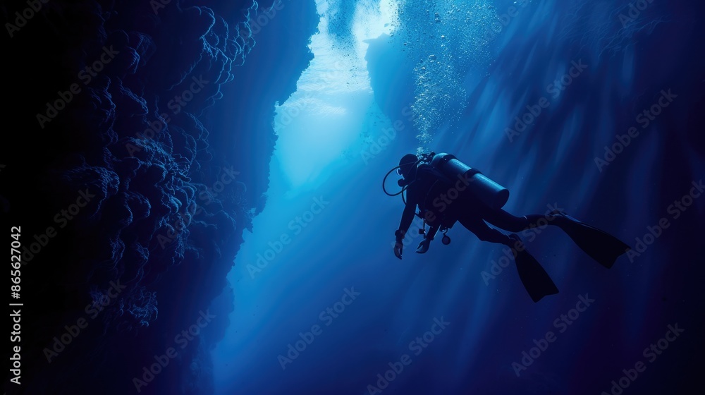 Diver underwater in the blue sea. Scuba diving in the depths of the sea Diver underwater in the blue sea. Scuba diving in the depths of the sea