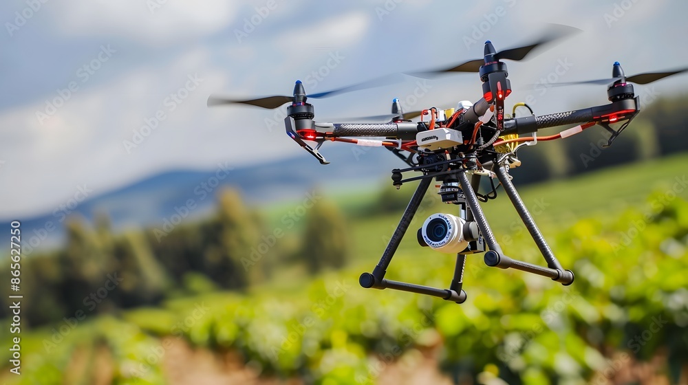 Drone with high-resolution camera flying over a green field, capturing aerial footage for agriculture, surveying, or filmmaking. Concept of technology, innovation, and remote sensing. Drone with high-resolution camera flying over a green field, capturing aerial footage for agriculture, surveying, or filmmaking. Concept of technology, innovation, and remote sensing.