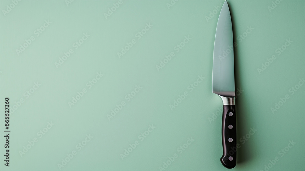 A sharp chef's knife symbolizing precision and skill, against a pale green background, positioned on the right side with the left side empty. A sharp chef's knife symbolizing precision and skill, against a pale green background, positioned on the right side with the left side empty.