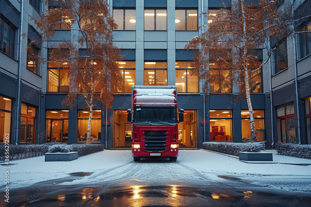 Obraz premium Corporate Office Building with Parked Truck Outside