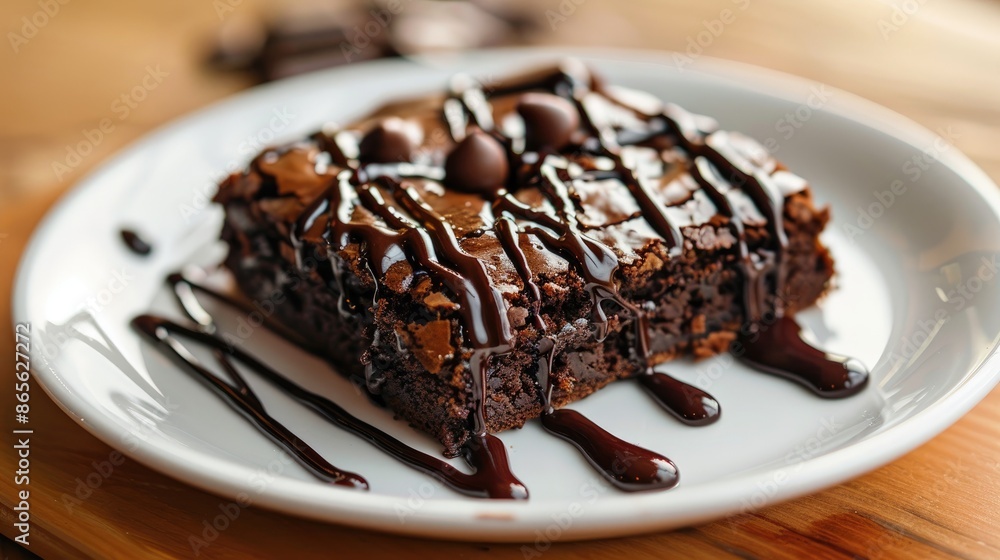Tasty brownie topped with chocolate sauce Tasty brownie topped with chocolate sauce
