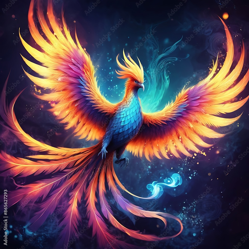Obraz premium Phoenix bird risen from the ashes, fire bird. Burning bird