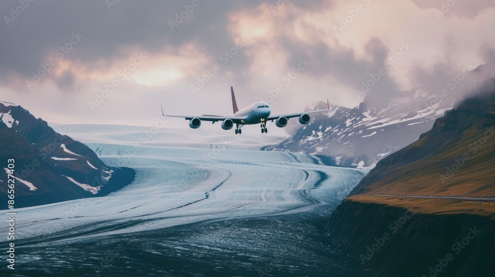 Naklejka premium Icelandic Glacier Flight: Massive Plane in Motion