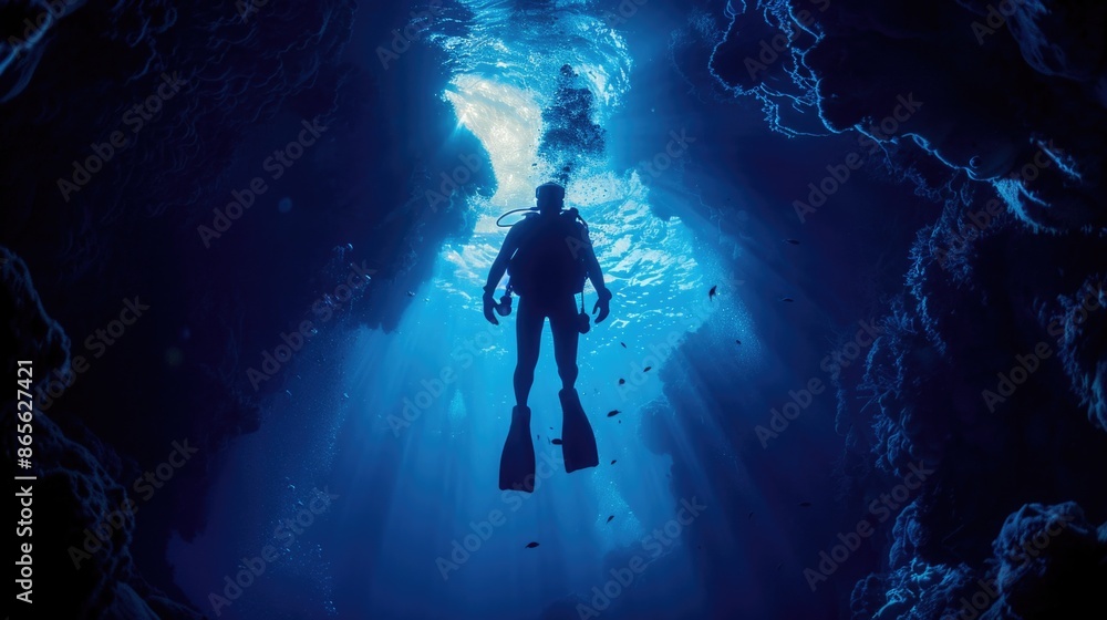 Diver underwater in the blue sea. Scuba diving in the depths of the sea Diver underwater in the blue sea. Scuba diving in the depths of the sea