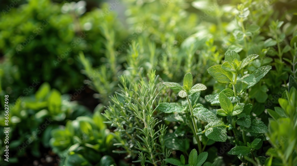 Diverse garden herbs growing vibrantly Diverse garden herbs growing vibrantly