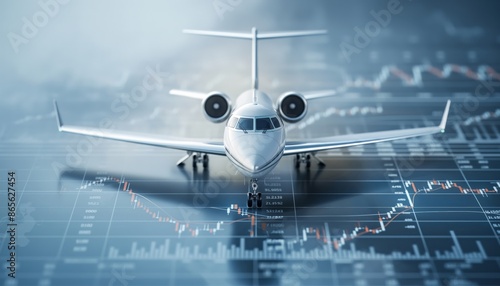 A modern private jet sits centered over a background of financial charts and a world map, illustrating themes of business travel, financial success, and global enterprise. photo