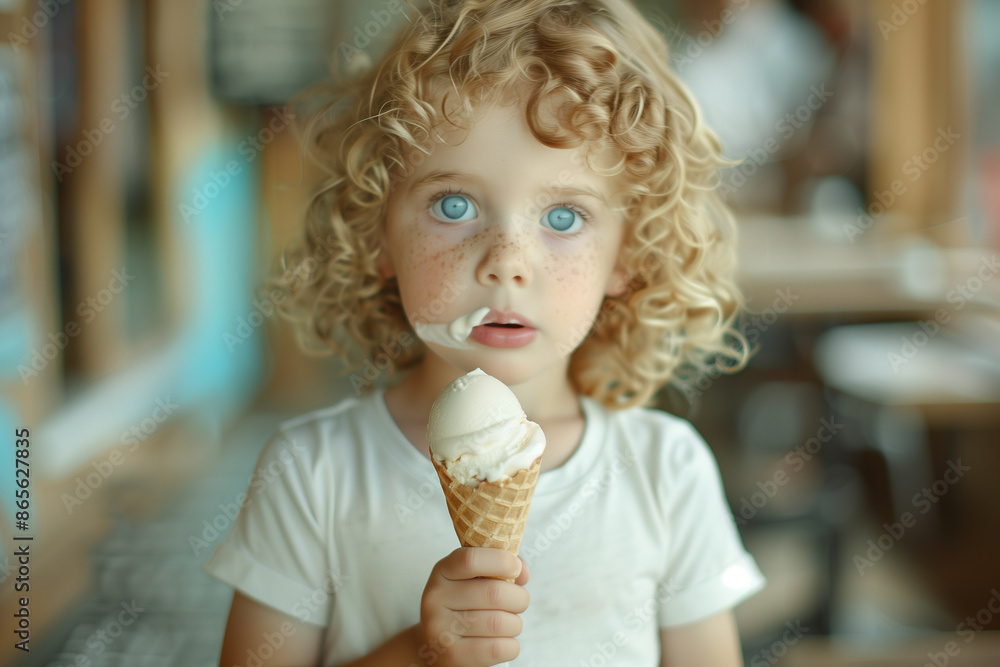 A portrait of a young child with curly blonde hair, big blue eyes, and freckles, holding an ice cream cone, with a surprised expression, in a softly blurred indoor background setting A portrait of a young child with curly blonde hair, big blue eyes, and freckles, holding an ice cream cone, with a surprised expression, in a softly blurred indoor background setting
