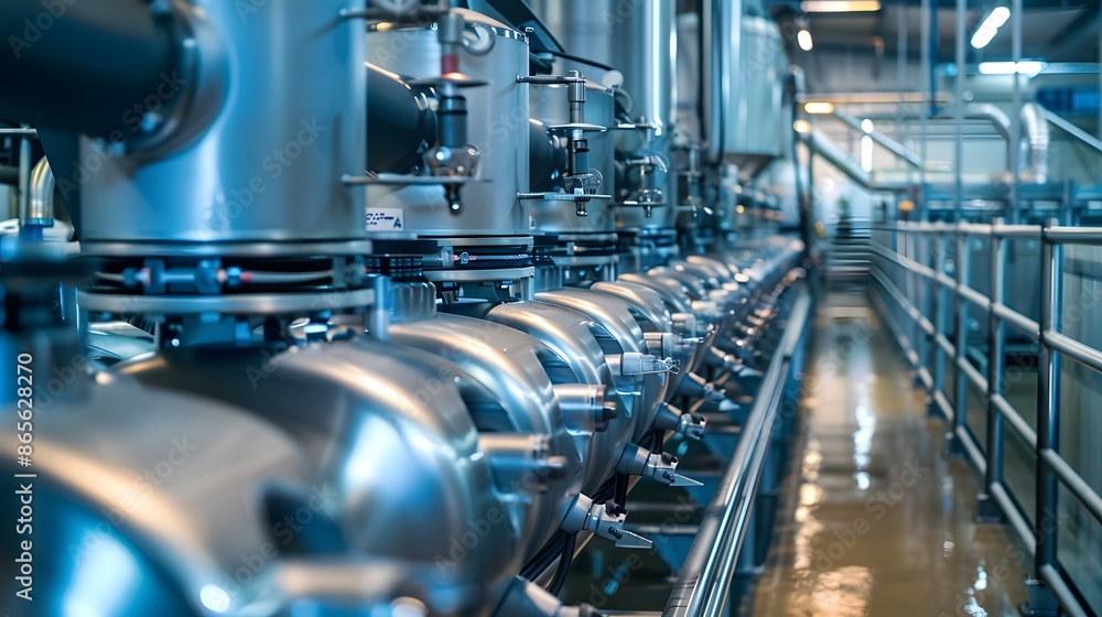 Modern industrial interior of a beverage factory, production line of stainless steel tanks and pipes Modern industrial interior of a beverage factory, production line of stainless steel tanks and pipes