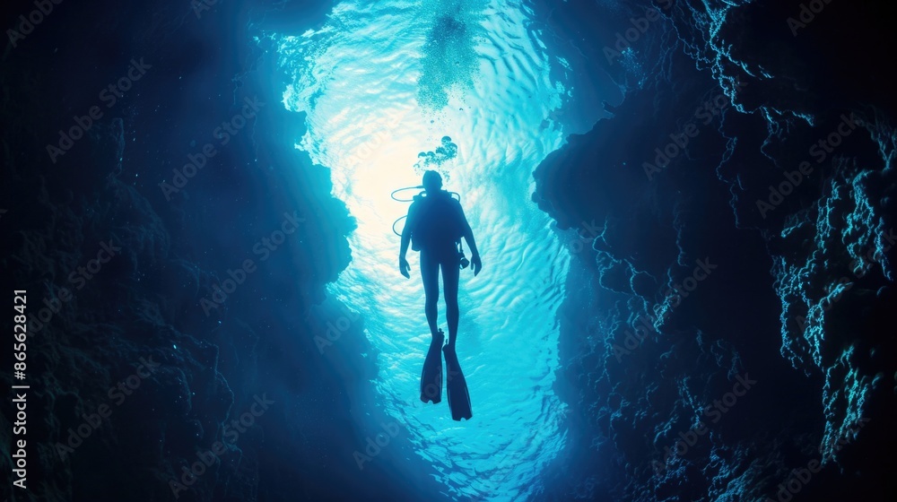 Diver underwater in the blue sea. Scuba diving in the depths of the sea Diver underwater in the blue sea. Scuba diving in the depths of the sea