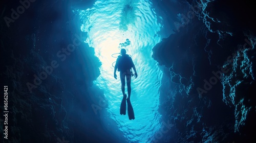 Diver underwater in the blue sea. Scuba diving in the depths of the sea