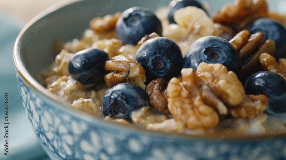 Morning Oats with Blueberries and Walnuts Close shot Morning Oats with Blueberries and Walnuts Close shot
