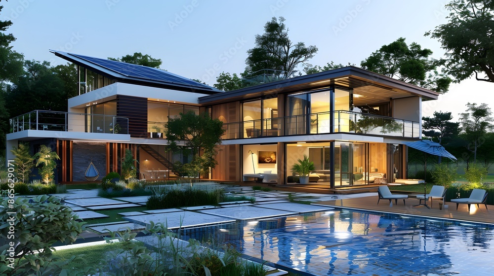 Modern luxury home with pool, solar panels, and sustainable design. Sustainable living, dream home, and green architecture concept. Modern luxury home with pool, solar panels, and sustainable design. Sustainable living, dream home, and green architecture concept.