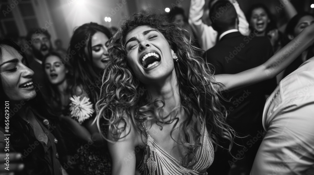 A woman is dancing with a group of people at a party. She is smiling and laughing, and the atmosphere is lively and fun A woman is dancing with a group of people at a party. She is smiling and laughing, and the atmosphere is lively and fun