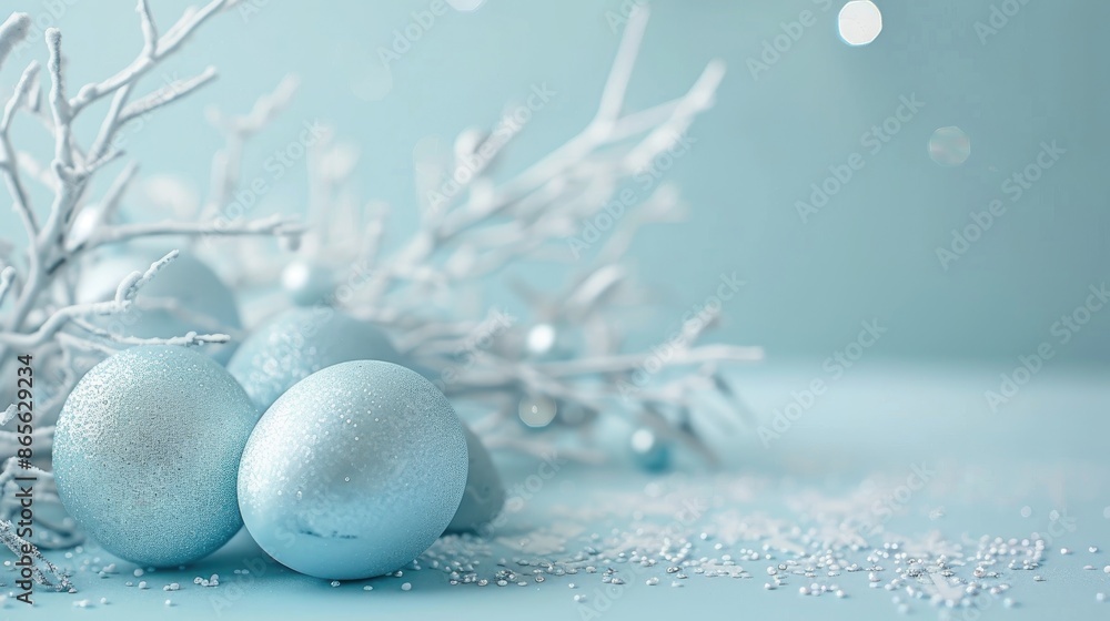 Obraz premium Pastel blue holiday background with silver Easter egg decorations