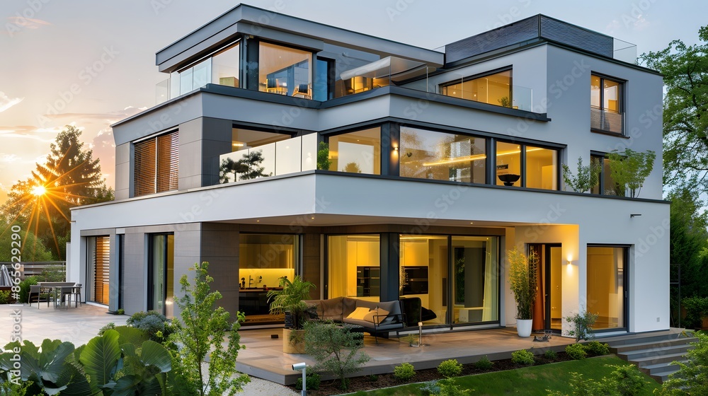 Modern luxury home exterior with large windows at sunset. Concept of real estate, architecture, wealth, and comfortable living. Modern luxury home exterior with large windows at sunset. Concept of real estate, architecture, wealth, and comfortable living.