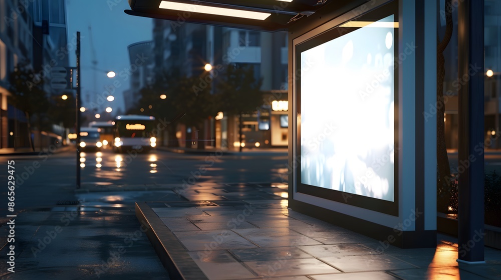 Empty illuminated billboard mockup at bus stop on rainy evening in city, 3D render. Blank advertisement banner template at night. Empty illuminated billboard mockup at bus stop on rainy evening in city, 3D render. Blank advertisement banner template at night.