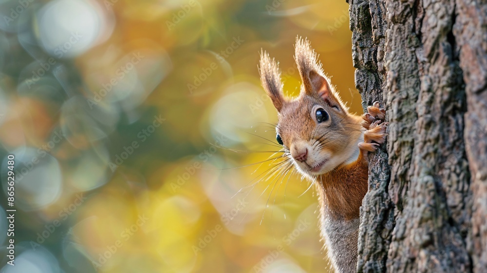 Squirrel peeking out from behind a tree trunk. Squirrel peeking out from behind a tree trunk.