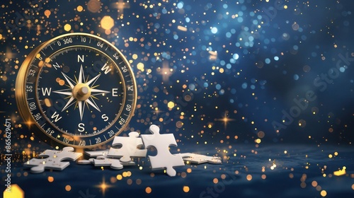 Wallpaper Mural Several white jigsaw pieces beside a modern digital compass, set against a navy blue backdrop adorned with shimmering golden light particles. Torontodigital.ca