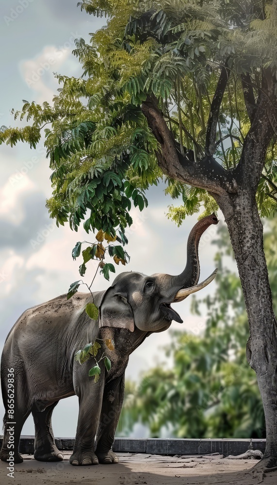 Fototapeta premium Realistic photo of elephant feeding elephant using trunk to gather leaves from tree