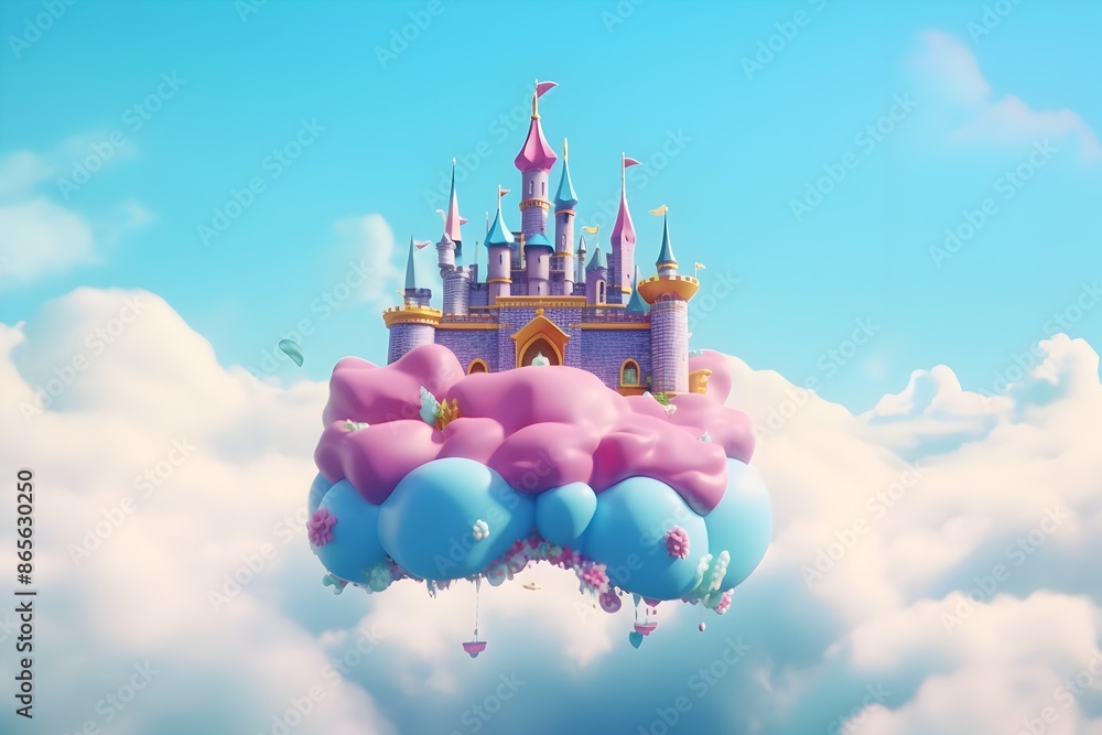 Magical Floating Castle Surrounded by Vibrant Pastel Balloons in Whimsical Cloudy Sky Magical Floating Castle Surrounded by Vibrant Pastel Balloons in Whimsical Cloudy Sky