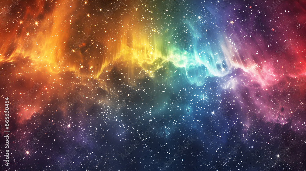 Rays of multicolored light, resembling rainbows, emanate from the top and cascade downwards, illuminating a vast expanse of space filled with twinkling stars Rays of multicolored light, resembling rainbows, emanate from the top and cascade downwards, illuminating a vast expanse of space filled with twinkling stars