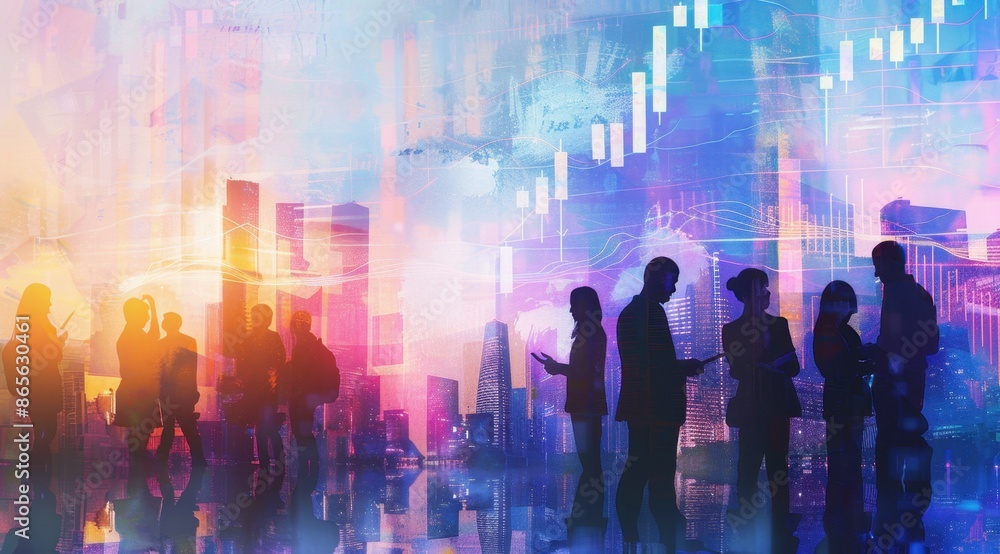 A group of business people in silhouette are discussing and holding documents with stock market charts in the background Generative AI A group of business people in silhouette are discussing and holding documents with stock market charts in the background Generative AI