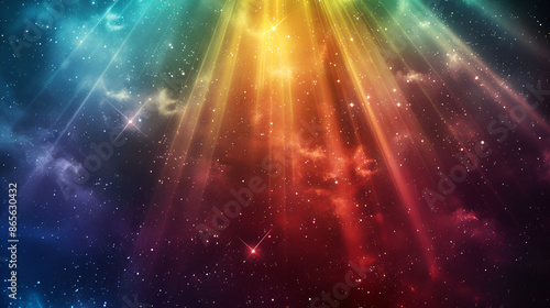 Rays of multicolored light, resembling rainbows, emanate from the top and cascade downwards, illuminating a vast expanse of space filled with twinkling stars
