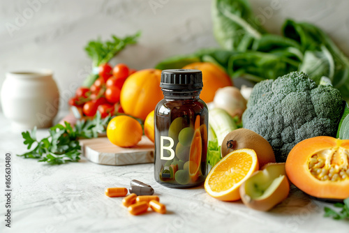 Fototapeta Naklejka Na Ścianę i Meble -  Vitamin B supplement bottle with fresh fruits and vegetables on a white table