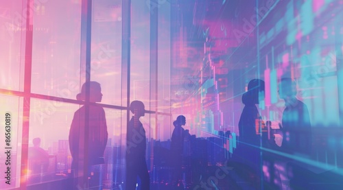 A double exposure of silhouettes of business people in an office with financial graphs and stock market charts Generative AI