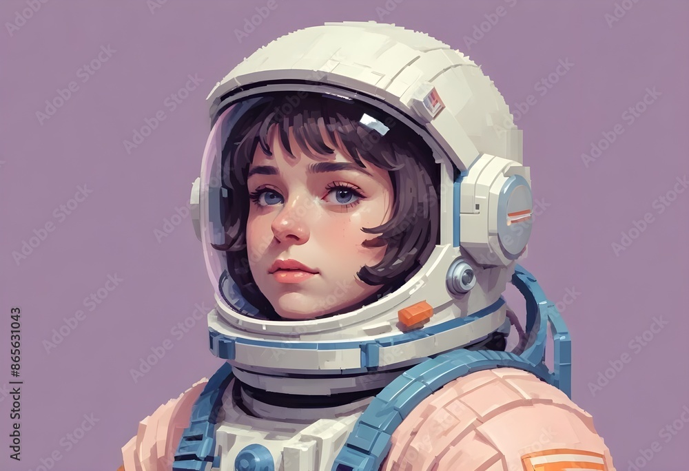 Cute young female astronaute looking at the distance in the sky, glimsping, beautiful night sky behind with planets and stars, pixelart comic Cute young female astronaute looking at the distance in the sky, glimsping, beautiful night sky behind with planets and stars, pixelart comic