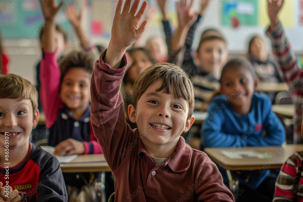 Fototapeta premium lively scene of elementary school students with big smiles, raising their hands during a school lesson, set in a well-decorated classroom, showcasing their excitement and participa