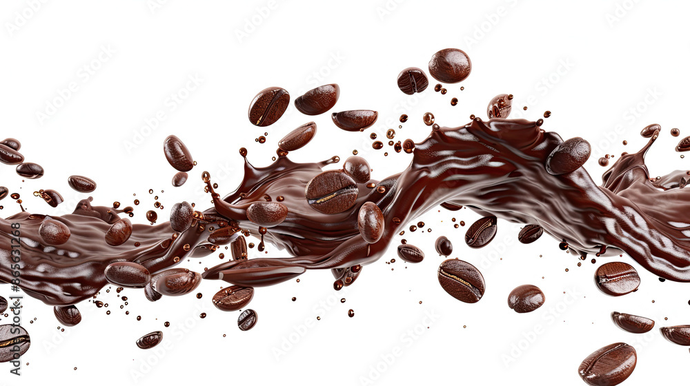 Splashing Coffee with Coffee Beans, Isolated on White Background Splashing Coffee with Coffee Beans, Isolated on White Background