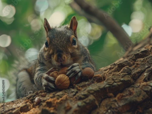 A squirrel eating nuts on a tree branch with its paws. AI. photo