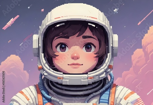Cute young female astronaute looking at the distance in the sky, glimsping, beautiful night sky behind with planets and stars, pixelart comic