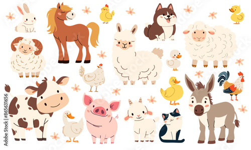 Set of flat vector illustration on white background. Domestic farm animals. Cow pig lamb sheep sheep horse dog dog cat goose goose duck hen rooster goat. Vector illustration