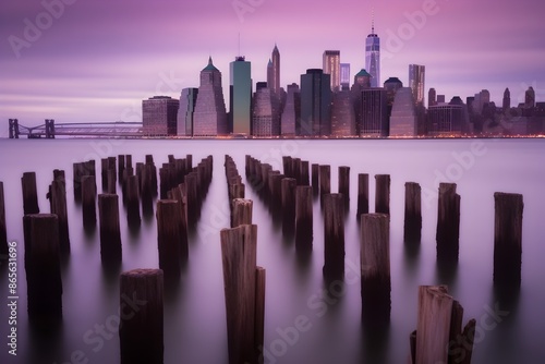 Majestic Skyline of Towering Buildings Reflected in Calm Harbor at Magical Dusk photo