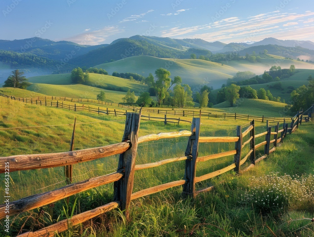 A wooden fence in a field with green hills and mountains. AI. A wooden fence in a field with green hills and mountains. AI.
