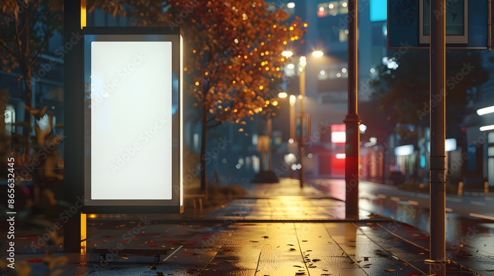 Blank billboard mockup at bus stop in a rainy city at night, perfect for advertising. Urban landscape with empty billboard for promotion Blank billboard mockup at bus stop in a rainy city at night, perfect for advertising. Urban landscape with empty billboard for promotion