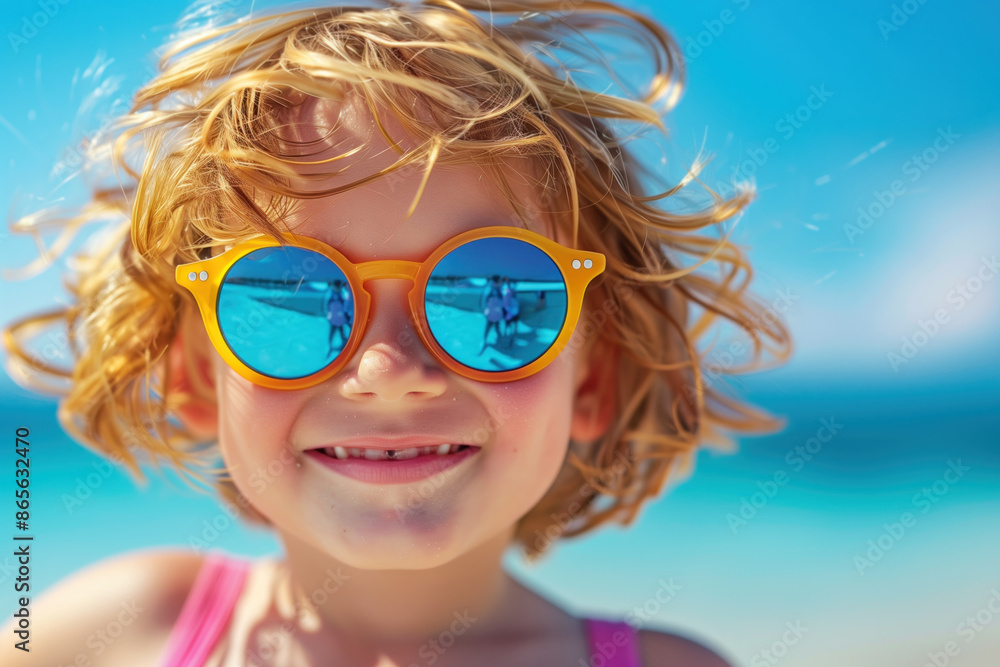 Smiling child with yellow sunglasses enjoying a sunny day at the beach Smiling child with yellow sunglasses enjoying a sunny day at the beach